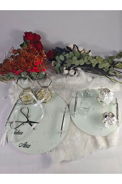 Basic Creation Double White Pearl Detailed Tray - Coffee Color Wishing Tray