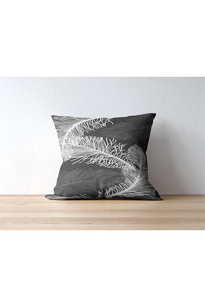 Home Single Throw Pillow Cover – Black Background White Feather Pattern Digital Print Rachel Fabric (45X45)
