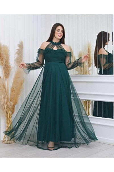 sarebutik فستان سهرة طويل من التول الأخضر الزمردي