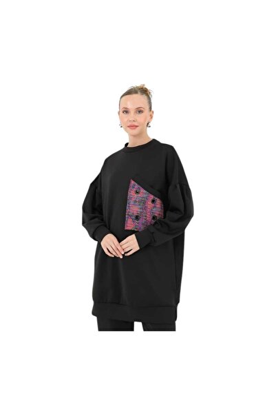 Puane Women's Crew Neck Scuba Fabric Shiny Pocket Detailed Tunic