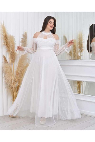 sarebutik Büyük Beden Kırmızı Tül Uzun Abiye Elbise