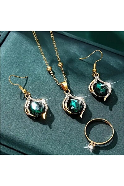 FM Gold Renk Yeşil Cam ve Alaşımlı Bohem Tarzı Bohem Şıklığını Yansıtan Antialerjik Zarif Takı Seti