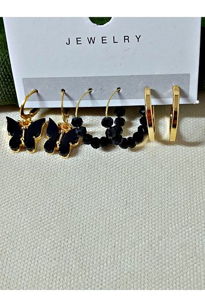 mos&more Set of 6 Black Butterfly Beaded Hoop Women's Earrings