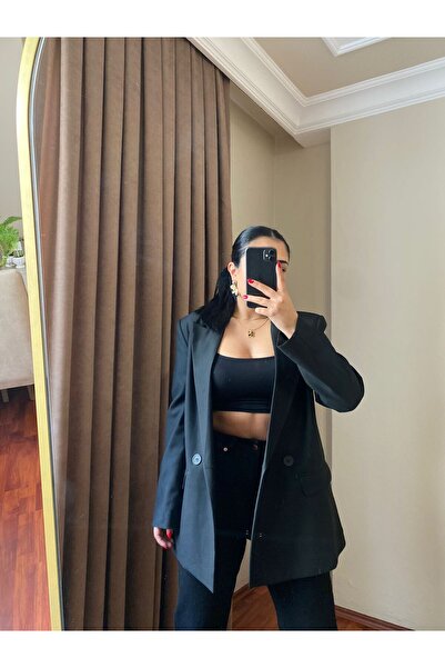 MODA Kadın Vatkalı Oversize Siyah Blazer Ceket Kapaklı Düğmeli Cepli Kruvaze