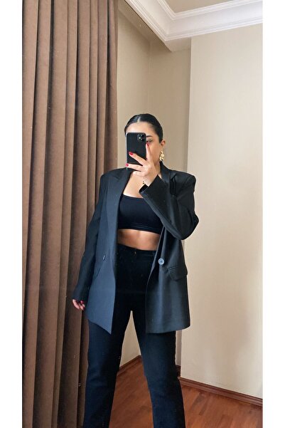 MODA Kadın Vatkalı Oversize Siyah Blazer Ceket Kapaklı Düğmeli Cepli Kruvaze