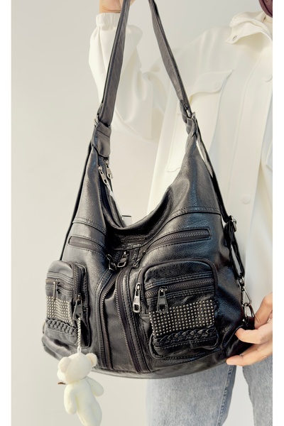 Just Polo JP Rucsac negru pentru femei și geantă de umăr din piele spălată im...