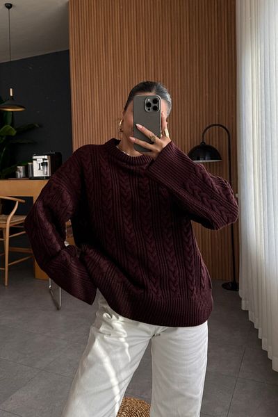 Bengi Clothing Pulover de damă din tricot cu model, cu gâtul turn, tricotaj lungi