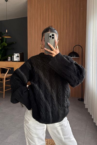 Bengi Clothing Дамски пуловер с плетене на коса и шарки с кръгло деколте