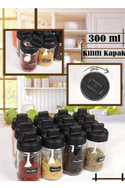 abenim Spice Holder Set with 6 Matte Lids and Spoons - 330 ml - Glass Jar