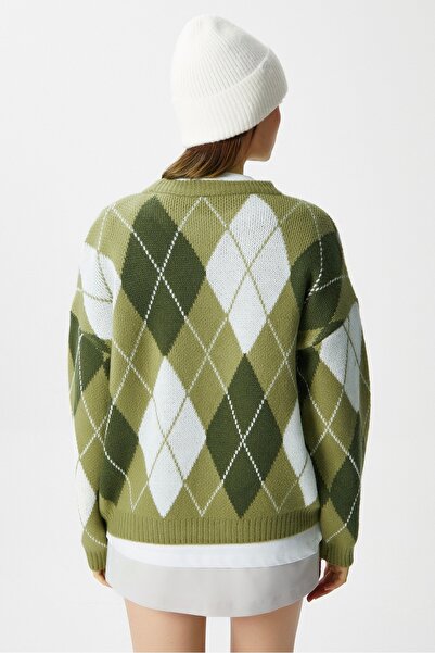 Ritnice Women's Edwin Green Cream Diamond Pattern Knitwear Sweater