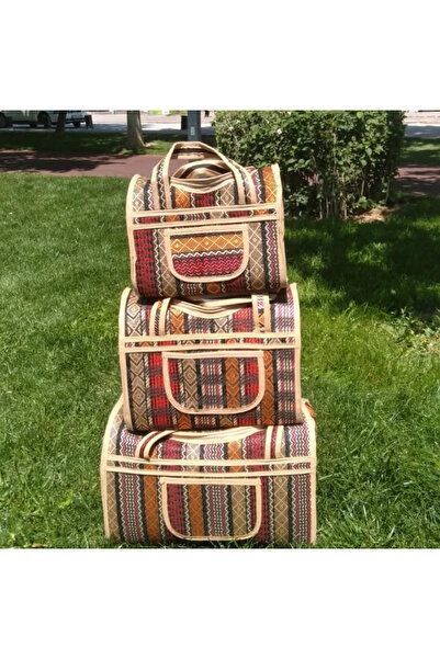 çaymekani 3'lü Otantik Hasır Model Kamp,Piknik,Aile El Çantası Renkli