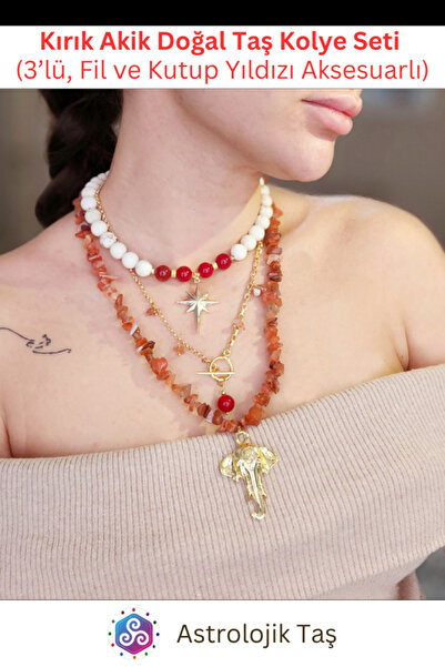 Astrolojik Doğal Taş Kırık Akik Doğal Taş Kolye Seti (3’lü, Fil ve Kutup Yıld...