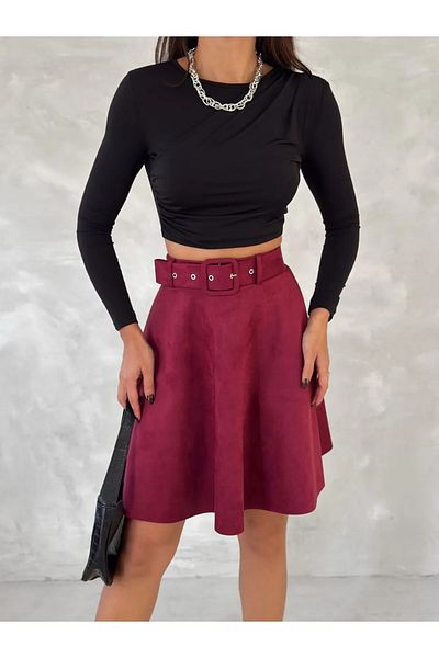 ByMisa Store Women's Midi Length Belted Suede Flared Skirt