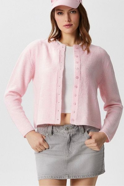 Ritnice Women's Nina Crew Neck Pink Basic Cardigan