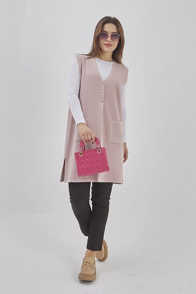 Fresh&Moda Women's Long Seasonal Knitwear Lycra Flexible Pocket Buttoned Vest