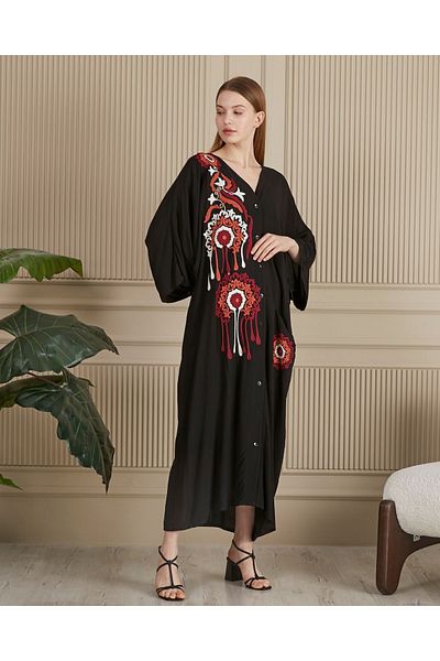 BeyzaBayram Black Embroidered - Pocketed Casual Viscose Oversize Shirt Dress