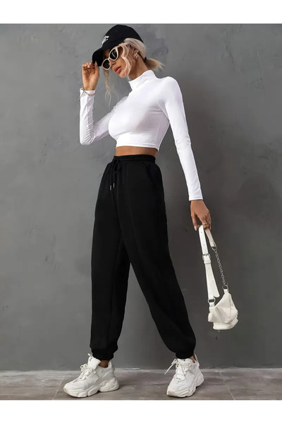 CAONNES ΜΑΥΡΟ RelaxFit Jogger Φούτερ Ψηλόμεσο Πλεκτό Ύφασμα με 2 Κλωστές SHAH...