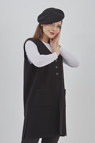 Fresh&Moda Kadın Uzun Mevsimlik Triko Likralı Esnek Cepli Düğmeli Yelek