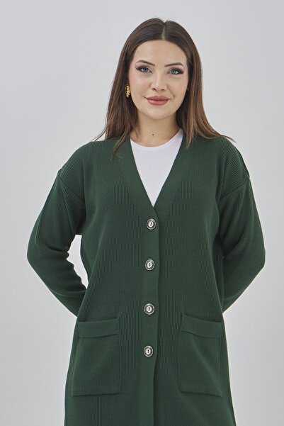 Fresh&Moda Women's Long Knitwear Seasonal Pocket Buttoned Lycra Cardigan