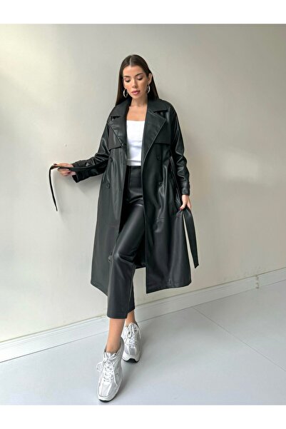 boutiquemery Siyah Kruvaze Deri Trençkot