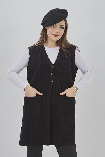 Fresh&Moda Women's Long Seasonal Knitwear Lycra Flexible Pocket Buttoned Vest