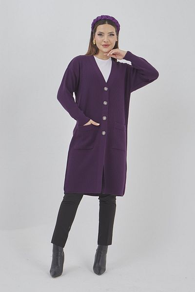 Fresh&Moda Women's Long Knitwear Seasonal Pocket Buttoned Lycra Cardigan