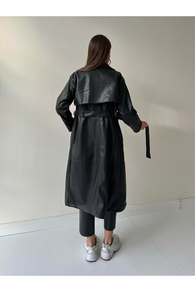 boutiquemery Siyah Kruvaze Deri Trençkot