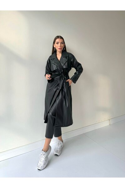 boutiquemery Siyah Kruvaze Deri Trençkot