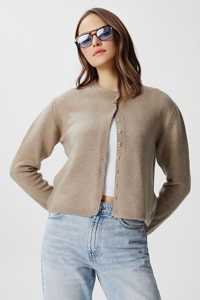 Ritnice Women's Nina Crew Neck Mink Basic Cardigan