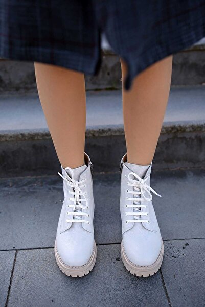 EREN SHOES BAG ( RİO) Hakiki Deri Bağcıklı-Fermuarlı İçi Ortopedik Tabanlı Kauçuk Bot GERÇEK DERİ EKRU FLOTTER