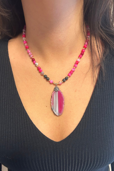 Suerte Accessories Pink Agate and Hematite Natural Stone Pink Quartz Natural Stone Nib Gold Accessory Special Design Handmade Necklace