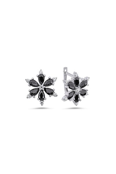 Inure Jewelry 925 Ayar Gümüş Lotus Çiçeği Siyah Zirkon Taşlı Küpe