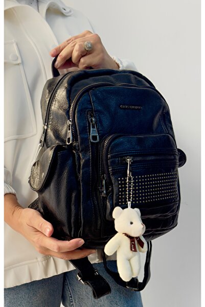 Just Polos Just Polo Women's Black Imported Leather Multi-Sectional Backpack