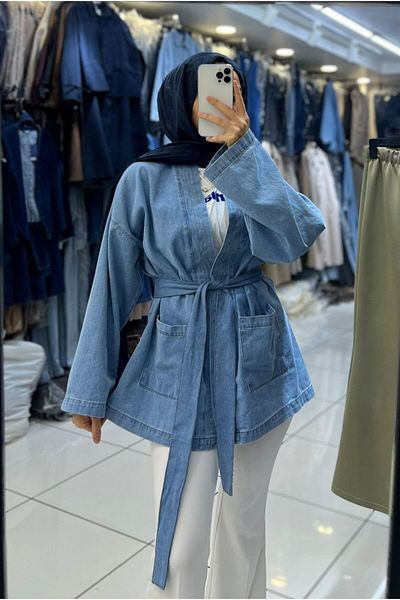 OlaLady Kimono de damă cu curea albastră din denim