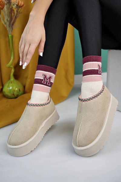 Saks Gardrop Γυναικείες μπεζ χοντρή σόλα με γούνινο σουέτ παντόφλες