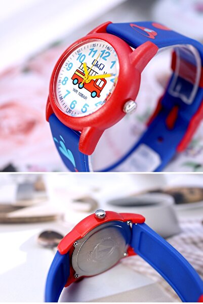 Q&Q Navy Blue Red Fire Engine Pattern Waterproof Boy's Wristwatch