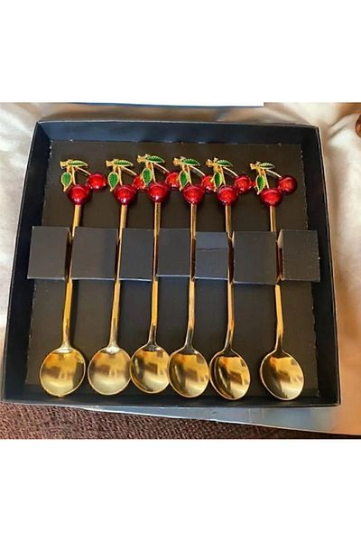 By Ayça Vardan Cherry Set of 6 Spoons, Cherry Teaspoons, Decorative Spoons