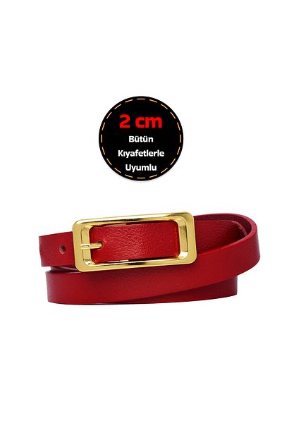 GoDeri 100% Genuine Leather, Gold Color Buckle Thin 2cm Red Women's Belt; Dress, Pants Belt Rect