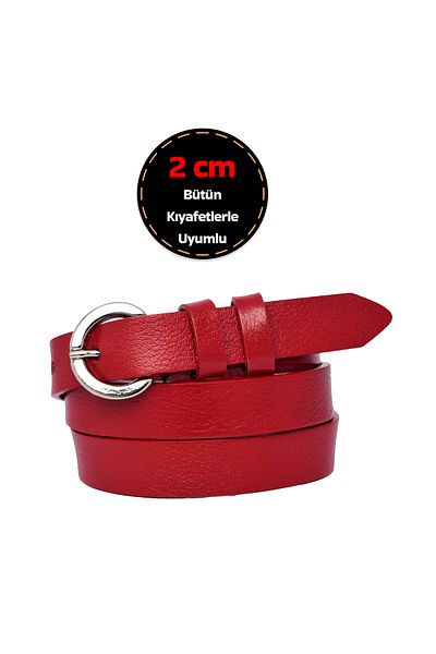 GoDeri Thin 2 cm Red Women's Belt - 100% Genuine Leather, Silver Color Buckle; Dress & Pants Kilit_G