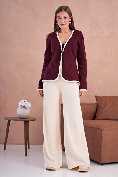 bayansepeti V-подібний комір бордовий кардиган і брюки з високою талією екрю - оверсайз трикотажний комплект 5200