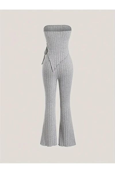 Marin Star Grey Strapless Asymmetrical Lycra Side Drawstring Blouse Bottom Top Suit, Stretchy Fabric Gray Drawstring Strapless Suit