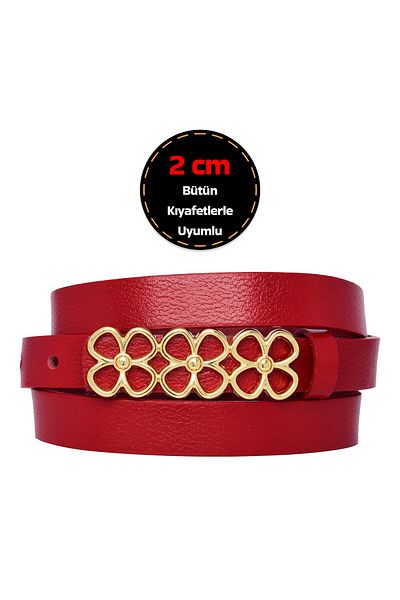 GoDeri Gold Color 100% Genuine Leather Red Women's Belt - 2cm Thin Design for Dress and Pants