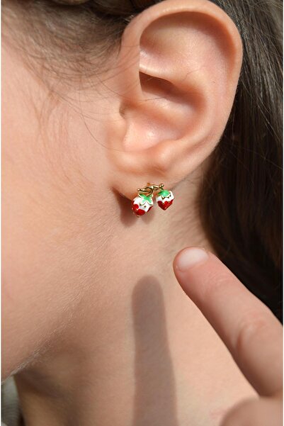 Sacce Scarves&Accessories Rodyum İkili Kırmızı Çilek Küpe Çilek Figürlü Çocuk Küpe