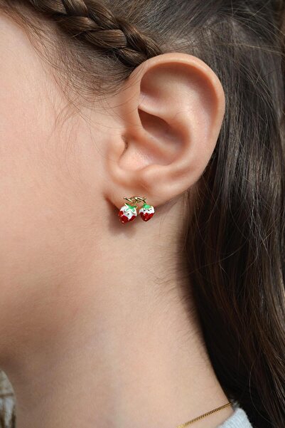 Sacce Scarves&Accessories Rodyum İkili Kırmızı Çilek Küpe Çilek Figürlü Çocuk Küpe