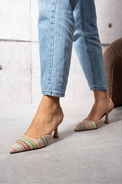 Everest Kadın Stiletto İnce Burun Çok Renkli Hasır Arkası Açık Topuklu 7cm