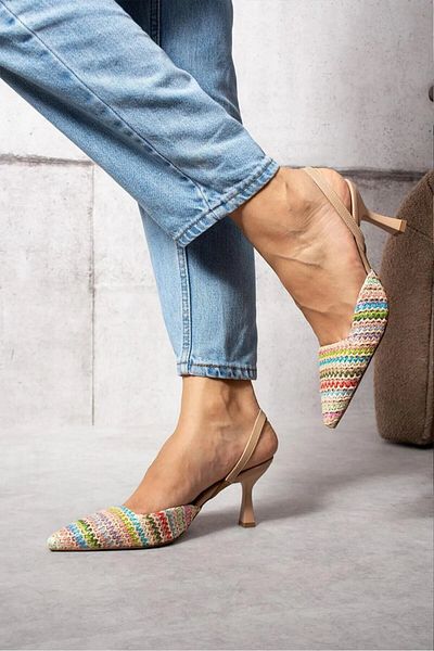 Everest Women's Stiletto Thin Toe Multicolor Straw Slingback Heels 7cm