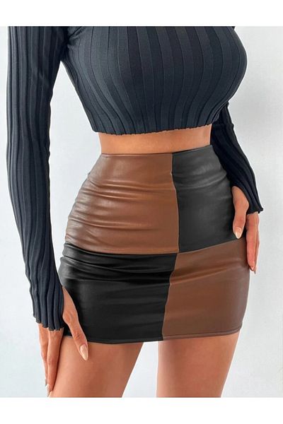 MAROVOAY Fusta mini din piele artificiala garniata neagra si bronzata