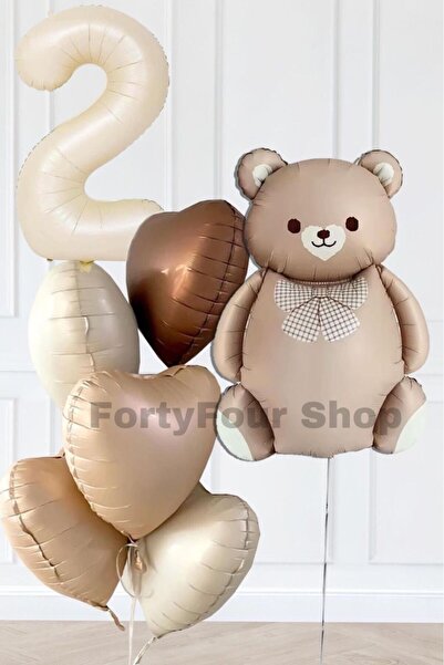 Öz-bal 2 Yaş Retro Kalpler Krem Rakam Karamel Ayı Doğum Günü Balon Seti