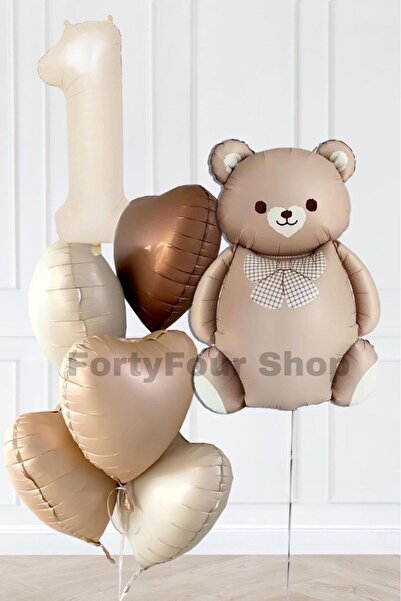 Öz-bal 1 Yaş Retro Kalpler Krem Rakam Karamel Ayı Doğum Günü Balon Seti