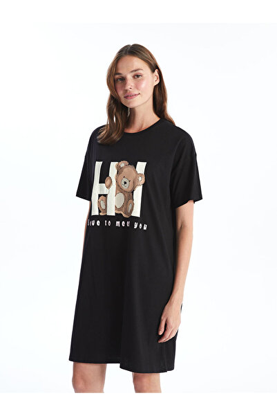 LC Waikiki LCW Young Siyah Bisiklet Yaka Baskılı Kadın Gecelik